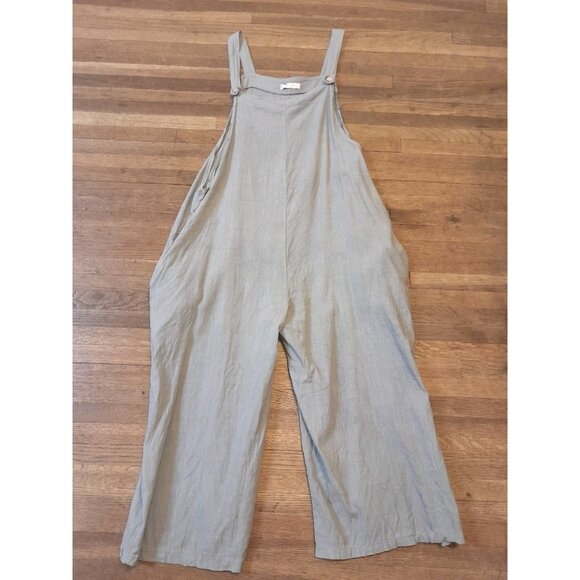 Made In Italy Linen Jumpsuit Overalls Bib Chore Gardening Wide Leg Blue Gray - Picture 1 of 10